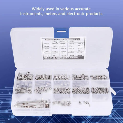 340 Piece Set Screw Kit With End Hex Adapters And Six Wrenches 304 Stainless Steel Fasteners in open box