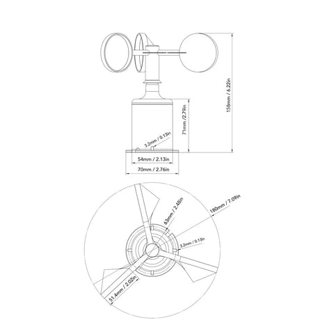 Technical diagram of a Wind Speed Monitoring Sensor With High Accuracy Anemometer Zero Point Eight Meter Plug And Play Cable.