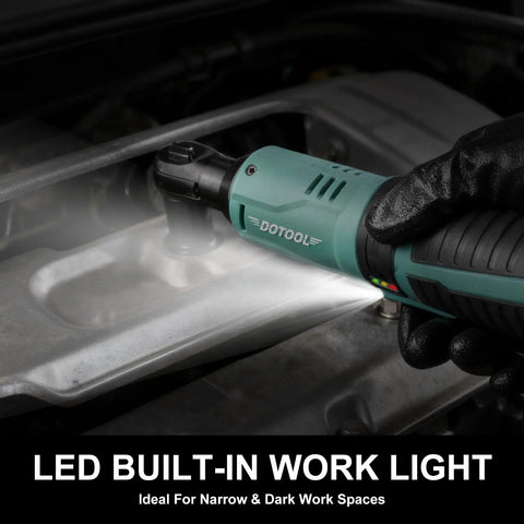 3/8 Inch Cordless Electric Ratchet Wrench Kit With 40 Ft Lbs Torque, 12V Power in action with LED light in an engine bay