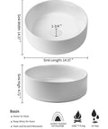 Ceramic Vessel Sink Set 14.4 Inch Round Matte White Above Counter Basin With Faucet And Pop Up Drain Modern Bathroom Vanity Bowl No Fuss Install Durable Finish Water Saving Design, shown with dimensions and scratch resistant features