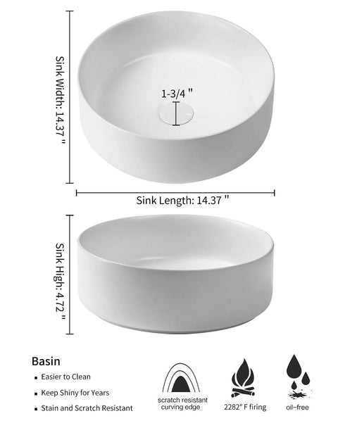 Ceramic Vessel Sink Set 14.4 Inch Round Matte White Above Counter Basin With Faucet And Pop Up Drain Modern Bathroom Vanity Bowl No Fuss Install Durable Finish Water Saving Design, shown with dimensions and scratch resistant features