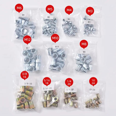 Pro Rivet Nut Tool Kit 13 Inch Set With 11 Metric And SAE Mandrels 150 Piece Rivnut Assortment Kit with each size labeled