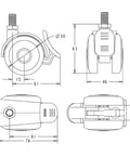 Premium 2 Inch Twin Wheel Casters With M10 Threaded Stem And Sure Grip Brake showing detailed dimensions and design features.