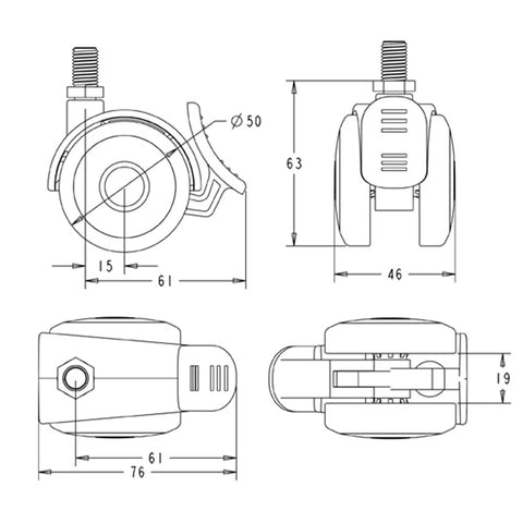 Premium 2 Inch Twin Wheel Casters With M10 Threaded Stem And Sure Grip Brake showing detailed dimensions and design features.