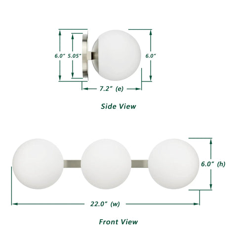 Modern 3 Light Globe Vanity Light Fixture Brushed Nickel Wall Mount Sconce with Opal Glass depicting side and front view dimensions.