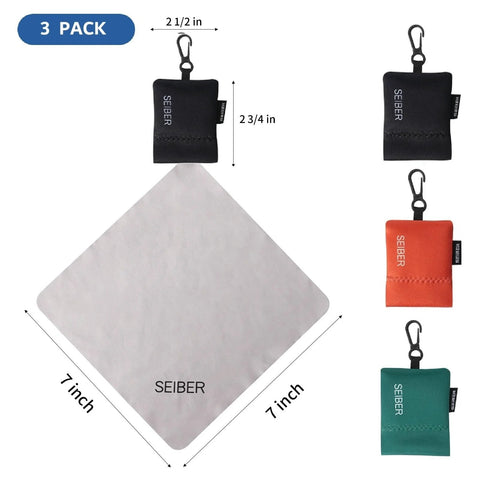 SEIBER microfiber eyeglass cleaning cloth with neoprene pouch, 7x7 inches; 3-pack in black, orange and teal.