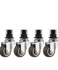 Pack Of Four 1.5 Inch Stainless Steel Stem Casters For Furniture And Racks With Silent Brakes, Beefy Universal Square Tube Wheels, 19 22 25 Size Options, Rugged Heavy Duty Rolling Caster Set shown in line on white background.