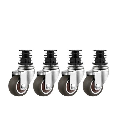 Pack Of Four 1.5 Inch Stainless Steel Stem Casters For Furniture And Racks With Silent Brakes, Beefy Universal Square Tube Wheels, 19 22 25 Size Options, Rugged Heavy Duty Rolling Caster Set shown in line on white background.