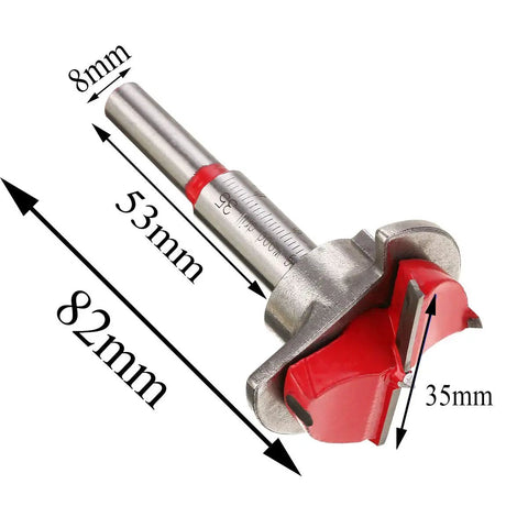 Straight Shooter 35Mm Forstner Bit Heavy Duty Hinge Hole Saw Tungsten Carbide with 8mm shank for precise drilling.