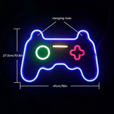 LED Gamer Neon Sign For Game Room Decor, 16x11 Inch neon gamepad-shaped light with dimensions labeled, acrylic backboard