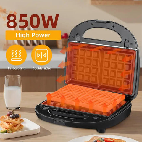 3 In 1 Electric Sandwich Maker With 3 Removable Non Stick Plates Double Sided Heating Waffle Donut Panini Press Grill For Quick Breakfast Snacks Bacon Steak And More 850 Watts Uniform Cooking showing open waffle plates.