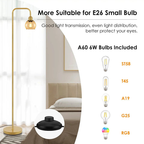 Modern Floor Lamp With Amber Glass Globe Shade And 6W LED Bulb, Industrial Tall Reading Lamp For Living Room And Home Office