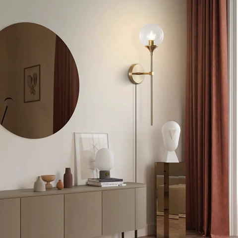 Gold Globe Wall Sconce Plug In Mid Century Modern Long Arm Light With Bubble Glass Shade Brush Brass Vanity Fixture