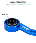 Blue Six In One Bike Bottom Bracket Tool for 12 and 16 notch external cups, shown with high fit on component, long 23.2 cm lever.