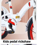 White kids pedal tricycle frame with chain drive and 14 inch spoke pneumatic wheels for ages 3 to 10, high carbon steel.