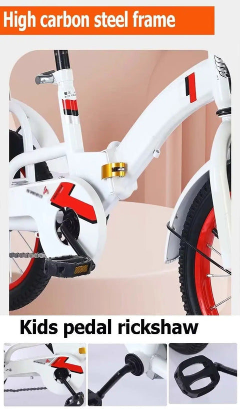 White kids pedal tricycle frame with chain drive and 14 inch spoke pneumatic wheels for ages 3 to 10, high carbon steel.
