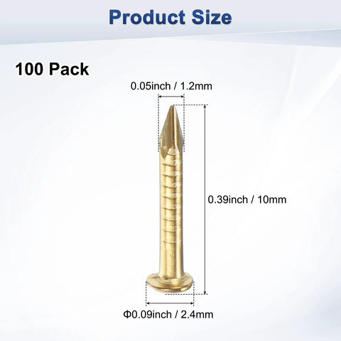 100 Pack Tiny Brass Nails 1.2 Mm X 10 Mm Round Head Precision Hardware for Woodworking DIY Crafts picture showing size dimensions.