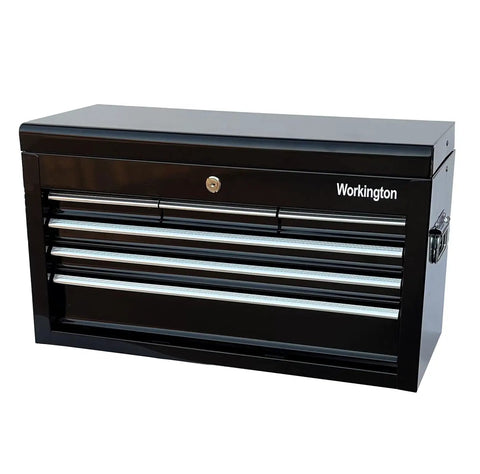 Front view of Portable Metal Tool Chest With 6 Drawers 24 Inch Cabinet Ball Bearing Drawer Slides Lockable Steel Tool Storage Box Organizer Heavy Duty Black Metal Toolbox For Home Garage Projects.
