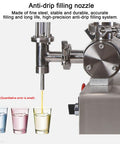 Pneumatic Bottle Filler Machine Adjustable Stainless Steel Single Head Horizontal Dispenser With 40 Liter Hopper For Liquids And Creams pouring liquid from anti-drip nozzle.