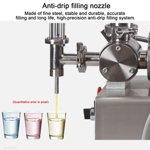Pneumatic Bottle Filler Machine Adjustable Stainless Steel Single Head Horizontal Dispenser With 40 Liter Hopper For Liquids And Creams pouring liquid from anti-drip nozzle.