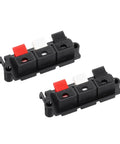 Two pieces of Three Way Spring Terminal Clip Push Release Connector Plate For Speaker Terminals, red white black coded.