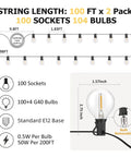 Diagram showing dimensions and features of 200Ft Outdoor G40 Globe String Lights With 104 Shatterproof LED Bulbs, Waterproof And Dimmable.