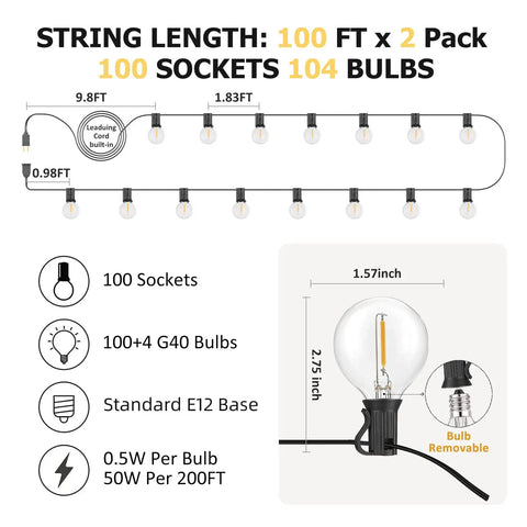 Diagram showing dimensions and features of 200Ft Outdoor G40 Globe String Lights With 104 Shatterproof LED Bulbs, Waterproof And Dimmable.