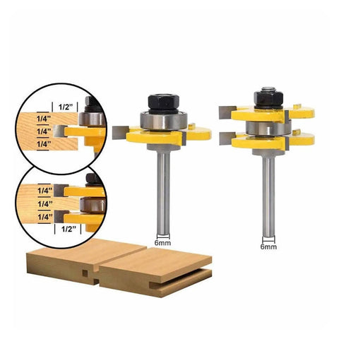 Kickstart Your Woodworking With This Awesome 2PC 6mm Tongue And Groove Router Bit Set Made For Precision T-Slot Joinery On 3/4 Inch Stock For Flooring Paneling And Furniture Projects Without Breaking The Bank, showing two router bits and wood joints.