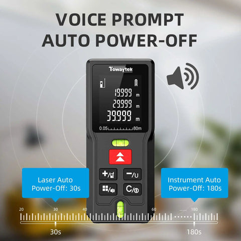 Laser Distance Measurer With 80m Range, 262 Ft Pro Grade Digital Tape Measure For Room Layout, DIY, Construction And Indoor Projects, High Precision 2 Mm Accuracy, Easy Unit Switching Between Meters, Inches, And Feet. Front view with auto power-off display.