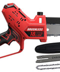 2 In 1 Brushless Cordless Mini Chainsaw With Auto Oil 8 Inch And 6 Inch Cutting Battery Powered Pruning Saw in red and black.