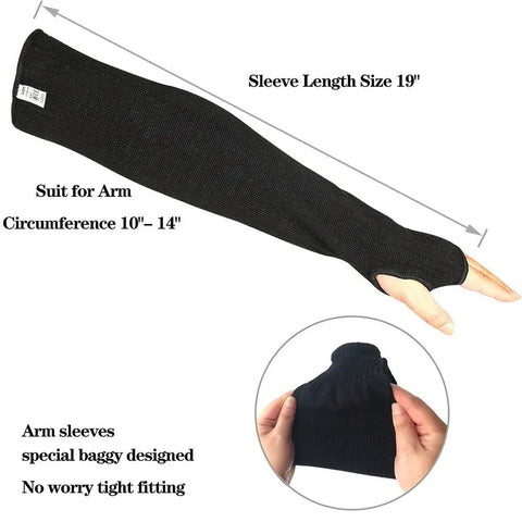 Heavy Duty Kevlar Arm Sleeves Built To Take Prolonged Pounding And Resist Scorching Heat Industrial Safety Guard For Rough Trade And Badass Work Protection For Men showing 19 inch sleeve length and baggy design.