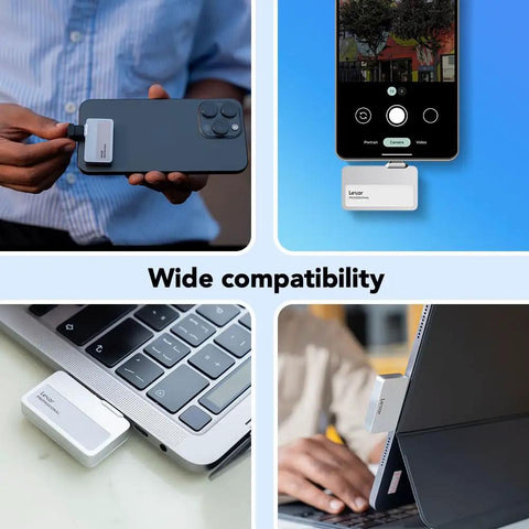 1TB Pro Go Portable SSD For 4K ProRes Creators With 1050 MB Per Second Speed shown with various connected devices