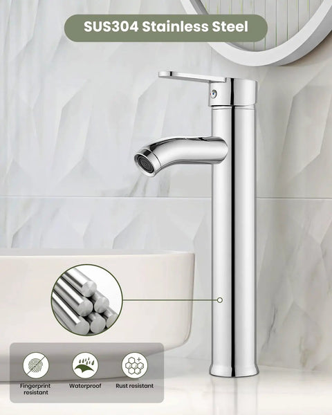 Ultra Sleek Modern Tall Vessel Sink Faucet With Single Handle One Hole Mount, Chrome Finish in bathroom setting