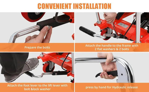 Installation guide for Heavy Duty Hydraulic Lift Table Cart 500 Lb Capacity Single Scissor Pump with foot lever and handle.