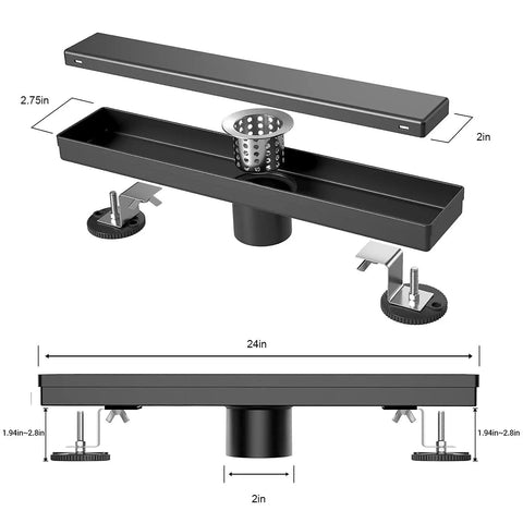 Matte Black 24 Inch Linear Shower Floor Drain With Dual Tile Insert Cover For Seamless Install Reversible 2-In-1 Design