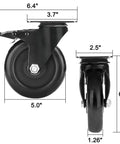 5 Inch Heavy Duty Caster Wheels No Noise Swivel Plate Casters With Brake Lock Top Plate, side and front view with dimensions