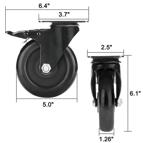 5 Inch Heavy Duty Caster Wheels No Noise Swivel Plate Casters With Brake Lock Top Plate, side and front view with dimensions