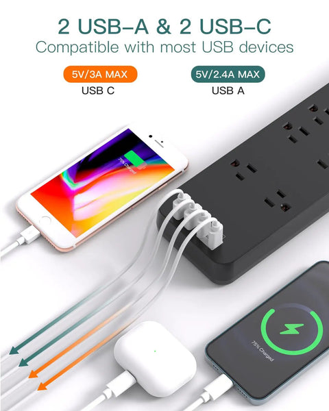 Surge Protector Power Strip With 10 Outlets And 4 USB Ports 2 USB C Six Foot Heavy Duty Extension Cord Flat Plug 2700 Joules