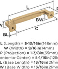 Dimensions of Stature Champagne Bronze Cabinet Pull 5-1/16 Inch Center-To-Center Drawer Handle with length, width, and projection details