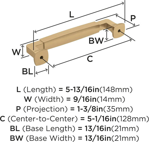 Dimensions of Stature Champagne Bronze Cabinet Pull 5-1/16 Inch Center-To-Center Drawer Handle with length, width, and projection details
