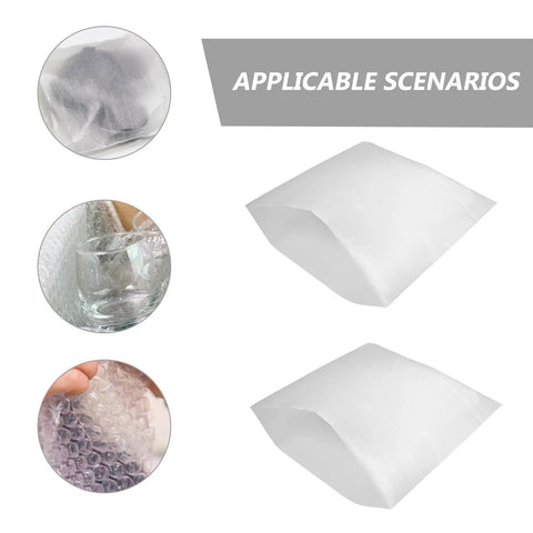 White EPE Bubble Pouches 100 Pack for Ceramic and Valuables Packing, shown with examples of usage