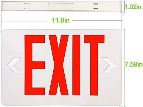 Lit Ultra Slim LED Exit Sign Dual Face 2 Pack Red Letter Emergency Exit Lights 120V-277V with dimensions overlaid in green text.
