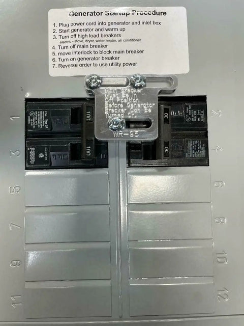 Generator Interlock WR-95 Kit for Murray and ITE 100 Amp Sub Panels, billet aluminum with installation instructions visible