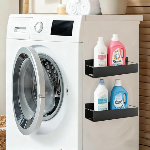 Two Pack Magnetic Spray Bottle Holder With Four Hooks, Wall Mounted Organizer For Garage And Home, installed on washing machine