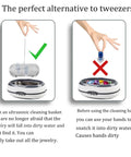 An image showing the Straight Up Heavy Duty Stainless Steel Mesh Basket Pair For Ultrasonic Jewelry Cleaner and Small Parts Washer in use, illustrating easy removal.