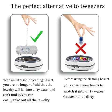 An image showing the Straight Up Heavy Duty Stainless Steel Mesh Basket Pair For Ultrasonic Jewelry Cleaner and Small Parts Washer in use, illustrating easy removal.
