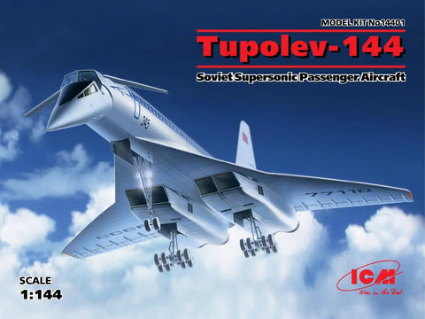 Box art for Tu-144 Supersonic Jet Building Kit With Optional Canards And Droop Snoot Includes Display Stand And Aeroflot Decals