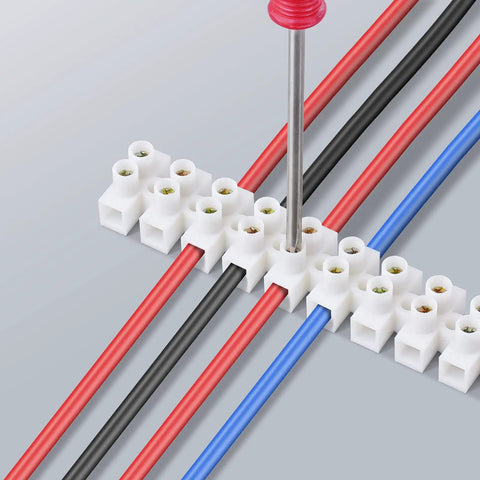 10 Or 20 Pack 12-Position Dual Row Screw Terminal Block Kit For Small Home Projects And Electrical Wiring in use with wires connected