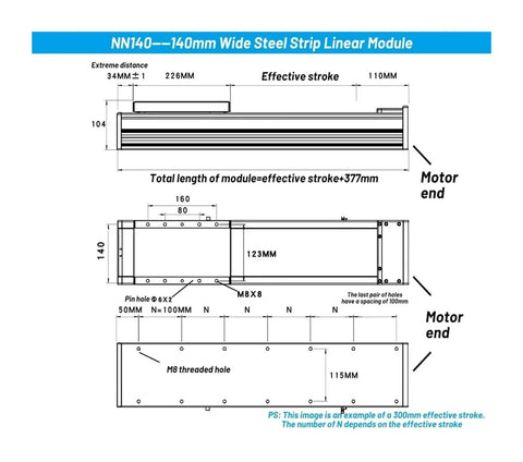 NN140—140mm Wide Steel Strip Linear Module dimensions diagram, showing effective stroke, total length and motor ends.