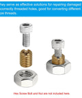 Eight brass slotted thread inserts with M6xM4x20mm, shown with silver bolt and hex nut (exploded view).